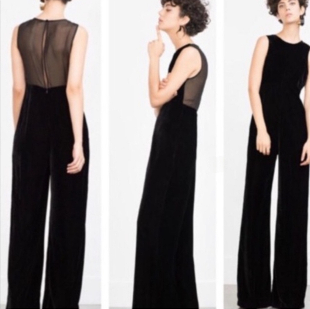 Zara Black Velvet Sheer Open Back Panel Sleeveless Wide Leg Jumpsuit Medium